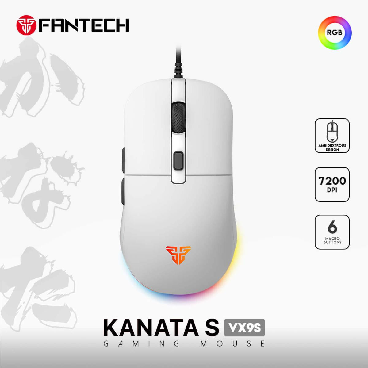 FANTECH KANATA S VX9S RGB Optical Wired Gaming Mouse, 7200 DPI, 82g Weight, Ambidextrous Design, Braided Cord, Software Support For Kanata S | KANATA VX9S | FANTECH KANATA S VX9S RGB Optical Wired Gaming Mouse, 7200 DPI, 82g Weight, Ambidextrous Design, Braided Cord, Software Support For Kanata S | KANATA VX9S |