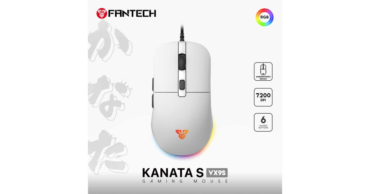 FANTECH KANATA S VX9S (White) RGB Optical Wired Gaming Mouse, 7200 DPI, 82g Weight, Ambidextrous Design, Braided Cord, Software Support For Kanata S