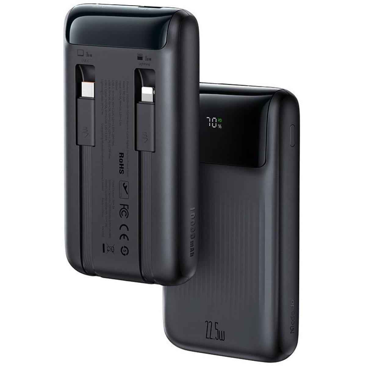Mcdodo Mc 0241 Power Bank 10000mah 22.5w Super Fast Charging With Build In Type C & Lightning Cable Smart Lcd Digital Display Black