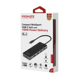 Promate PrimeHub-Go Compact Multiport USB-C Hub – 100W PD