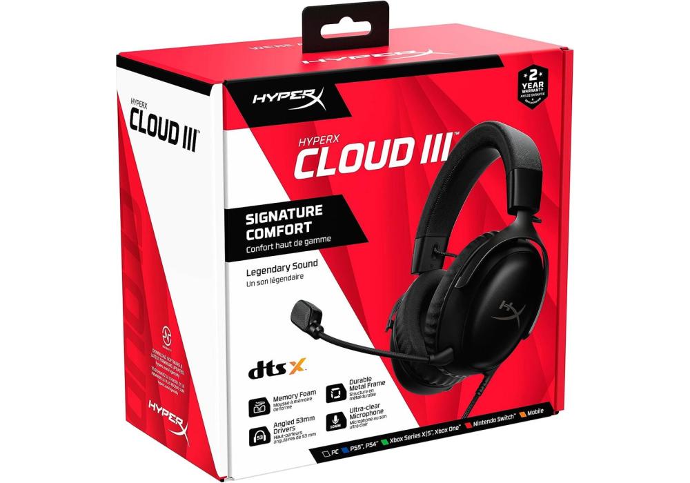 HyperX Cloud III - Gaming Headset 7.1 Virtual Surround Sound for PC / PS4 / Mac / Mobile (Black) - NEW 2023