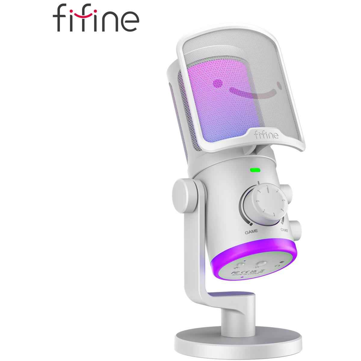 Fifine Ampligame AM6W Condenser Mic With Game/chat Mix, Noise Suppression, Monitoring, I/o Level & Rgb Controls (White) | AM6W |
