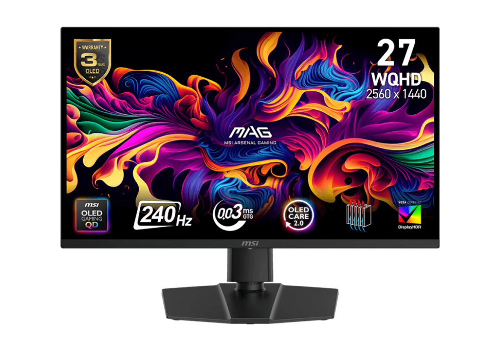 MSI MAG 273QP QD-OLED X24 27-inch 2560 x 1440 2K Gaming Monitor, 240Hz, Adaptive-Synch, HDMI, DisplayPort, VESA Mountable, Tilt, Height Adjustable, 0.03ms, Black
