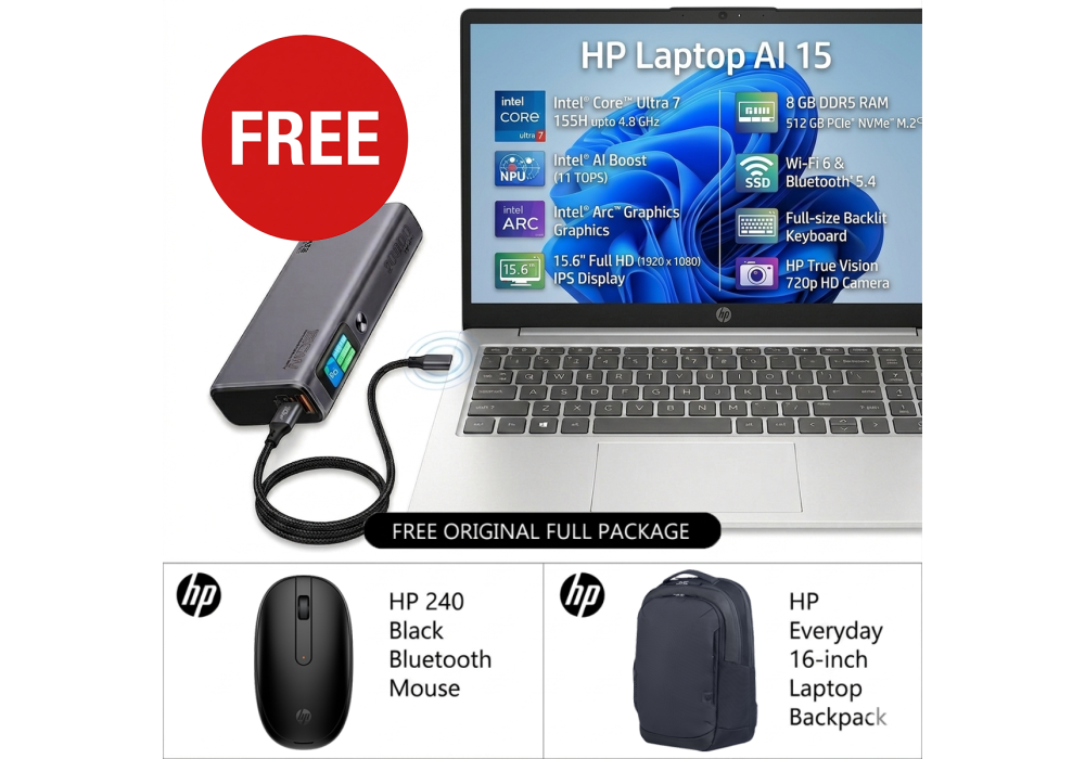 HP AI Business Laptop 15-fd1062ne Free Power Bundle, Intel Ultra 7 155H 4.8GHz 16 Cores, Intel Arc Graphics, 8GB DDR5, 512GB PCIe SSD, 15.6" FHD, WiFi 6, BT 5.4, 2 Year Warranty, Natural Silver w/ Promate 130W Laptop Power Bank 20000mAh Titan-130