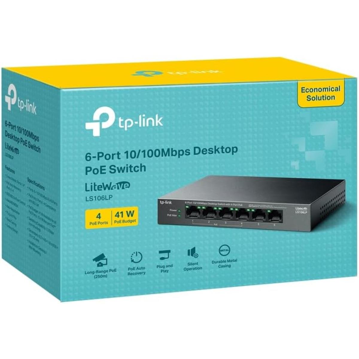 Tp Link Ls106lp 6 Port 10/100mbps Ethernet Switch With 4 Port Poe 41 W Poe Budget Poe Auto Recovery Metal Casing - CompuMe