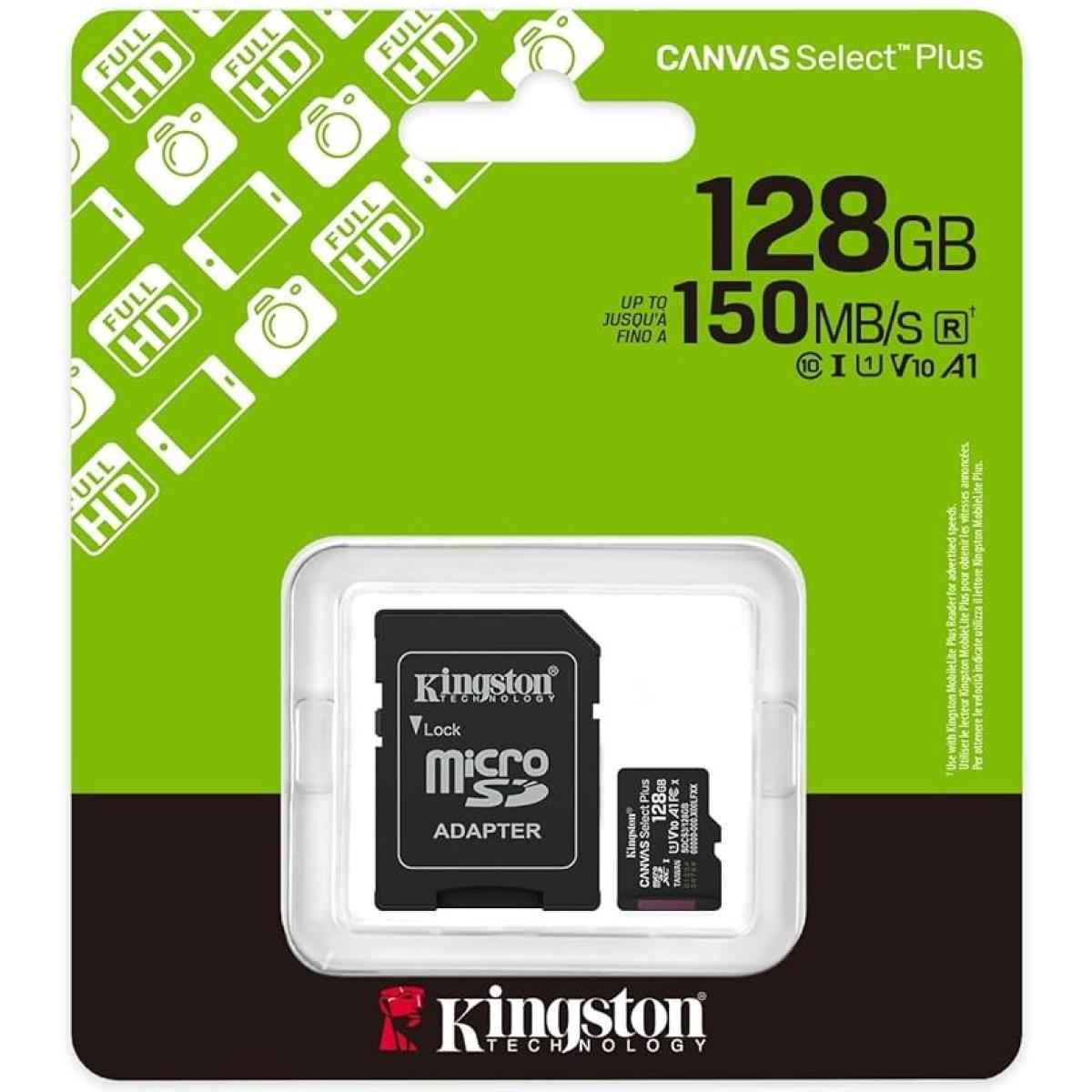 Kingston Sdcs3/128gb Canvas Sele Plus Microsdxc Card Up To 150mb/s A1 Class 10 Uhs I With Adapter
