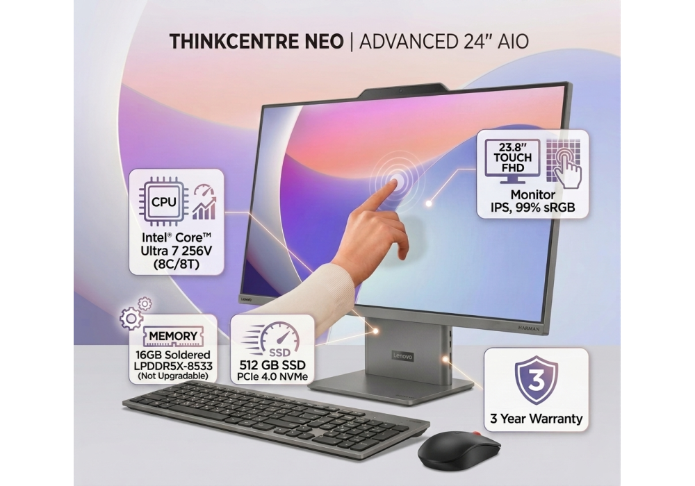 Lenovo ThinkCentre neo 50a 24 Gen 6 – 23.8" FHD Touch AIO Desktop, Intel Core Ultra 7 256V, Integrated Intel Arc Graphics, 16GB LPDDR5X, 512GB PCIe 4.0 SSD, Harman Speakers, 5MP Camera, Wi‑Fi 6 & Ethernet, Luna Grey - 3 Year Warranty