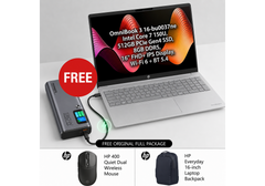 HP OmniBook 3 Laptop 16-bu0037ne Free Power Bundle, Intel Core 7 150U, 512GB SSD, 8GB DDR5, 16" FHD+ IPS, Wi‑Fi 6, BT 5.4 w/ 16" HP Backpack & HP 400 Quiet Dual Wireless Mouse, Promate 130W Laptop Power Bank 20000mAh Titan-130