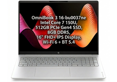 HP OmniBook 3 Laptop 16-bu0037ne - Intel Core 7 150U, 10 Cores, 512GB PCIe Gen4 SSD, 8GB DDR5, 16" FHD+ IPS Display, Wi‑Fi 6 + BT 5.4, Glacier Silver