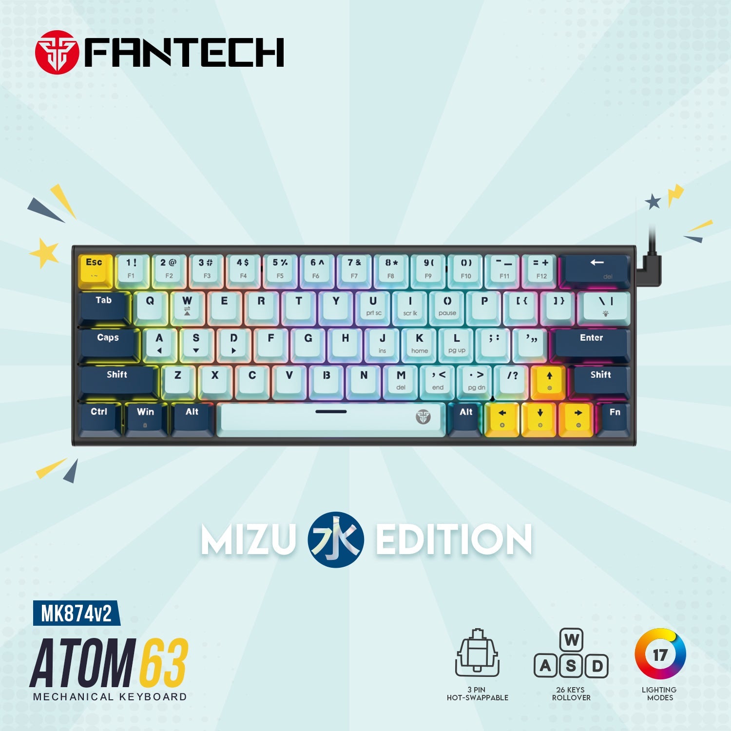 Fantech MK874 V2 Atom 63 Hot swappable Mechanical Keyboard Sky Blue - CompuMe