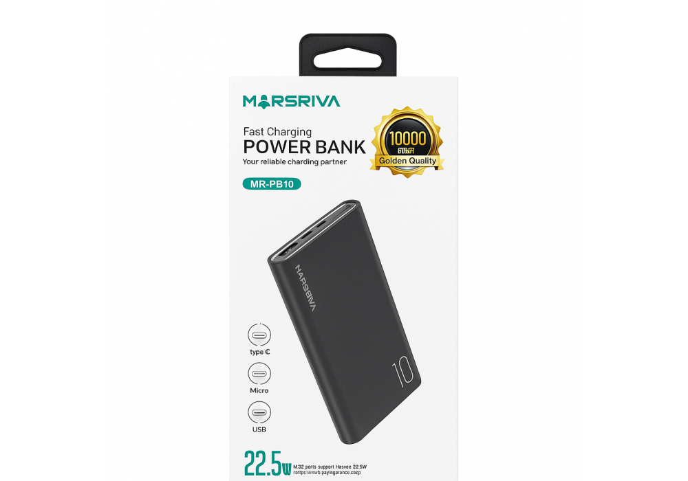 MARSRIVA 10000mAh Fast Charging 22.5W Power Bank - Black