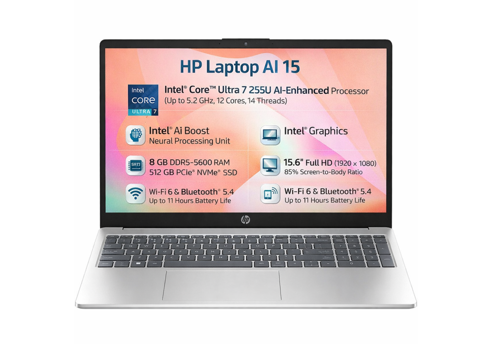 HP AI Business Laptop 15-fd2022ne, Intel Ultra 7 255U 5.2GHz 12 Cores, 16GB DDR5 (Customized), 512GB PCIe SSD, 15.6" FHD, WiFi 6, BT 5.4 - Natural Silver
