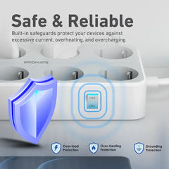 Promate PowerCord8EU- 8 Outlet Power Strip with 3 USB Ports, 3600W