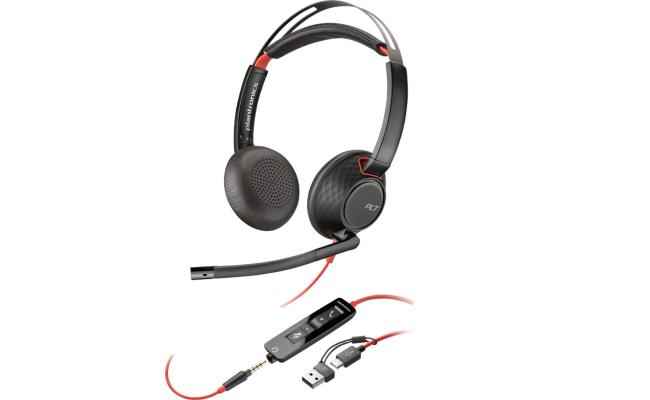 Poly Blackwire 5220 Stereo USB-C Headset, 32mm Driver Size, Omnidirectional Microphone Style, 3.5mm Plug + USB-C & USB-A Adapter Connectivity, Black | 8X231AA
