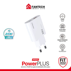 Fantech PowerPLUS PPS251 25W GaN Fast Charger – Dual-Port USB-C & USB-A PD + QC Wall Charger, Ultra-Slim Compact Design with Smart Charging & Safety Protection