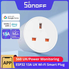 Sonoff S60 13a Uk Wifi Smart Plug Socket Mini With Energy Monitoring, Remote Control, Smart Scheduling, Works With Alexa/google Home/ifttt, 2.4 Ghz, No Hub Required