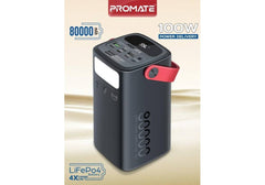 Promate 80000mAh Power Bank, 100W USB-C PD Fast Charging, 4 Outputs, 3 Inputs, Solar DC, Lightning, Digital Display, LED Light Portable Charger Power Station PowerMine-80Pro