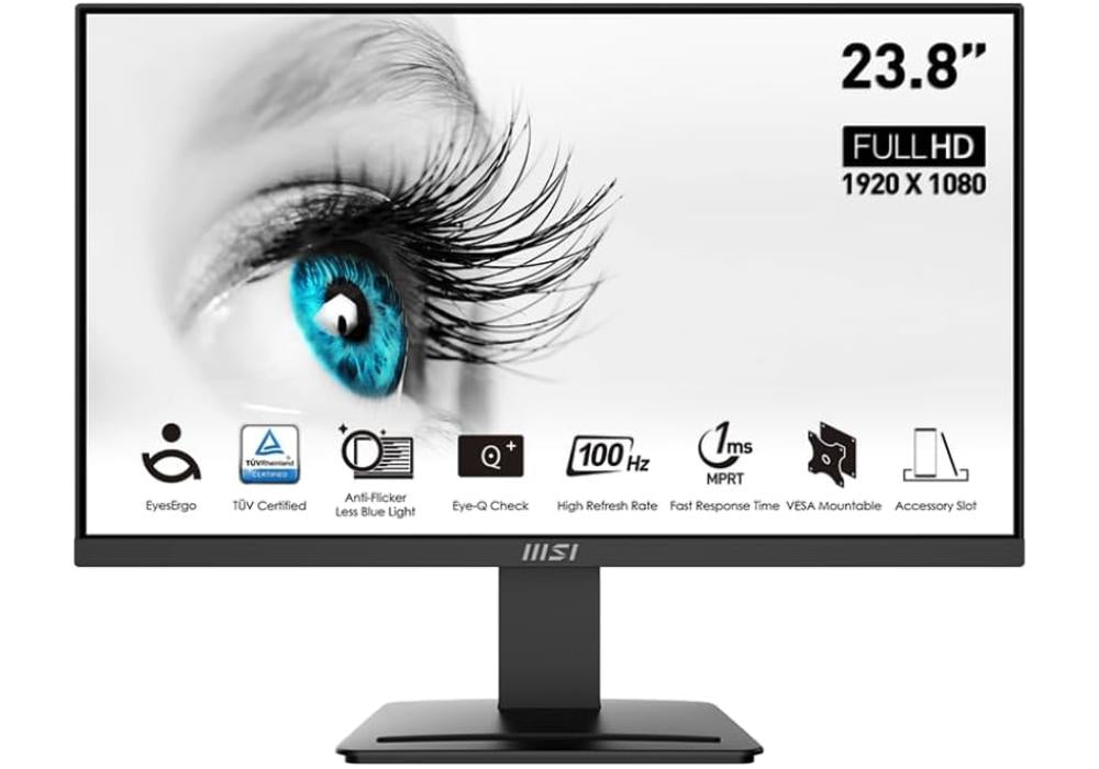 MSI PRO MP2412, 24", 1920 x 1080 (FHD), FreeSync, 100Hz, TUV Certified Eyesight Protection, 1ms, VESA Mountable, HDMI™ & Display Port (1.2a) Black /2 Years Warranty MSI PRO MP2412, 24", 1920 x 1080 (FHD), FreeSync, 100Hz, TUV Certified Eyesight Protection, 1ms, VESA Mountable, HDMI™ & Display Port (1.2a) Black /2 Years Warranty