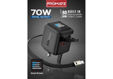 Promate Cubix-R70 70W GaNFast Charger with Retractable 80cm USB-C Cable, Dual USB-C PD 70W, USB-A 60W Port, 1.14” TFT Smart Display, UK Plug, Compact Wall Adapter for MacBook, iPhone 17, Galaxy Black