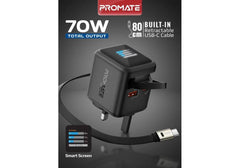 Promate Cubix-R70 70W GaNFast Charger with Retractable 80cm USB-C Cable, Dual USB-C PD 70W, USB-A 60W Port, 1.14” TFT Smart Display, UK Plug, Compact Wall Adapter for MacBook, iPhone 17, Galaxy Black