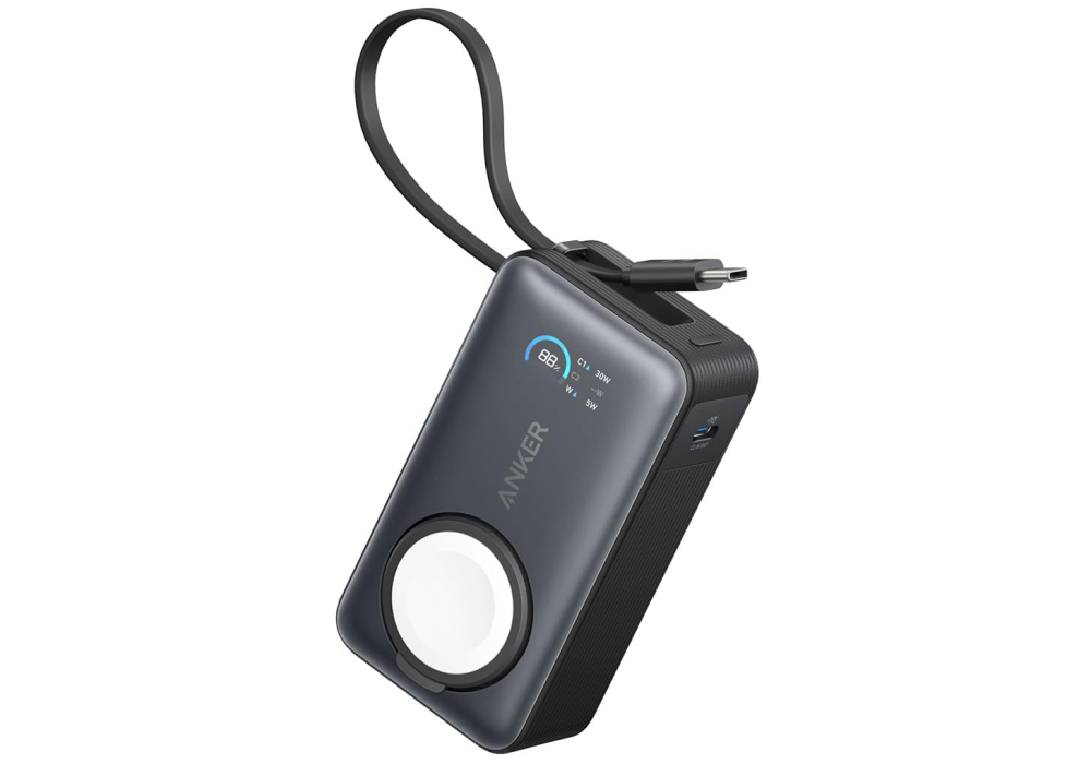 Anker MagGo A1657 - 10000mAh Power Bank, 35W Output, Built‑In USB‑C Cable, Apple Watch Wireless Charger, LED Display, Travel‑Approved, Black - 18 Month Warranty