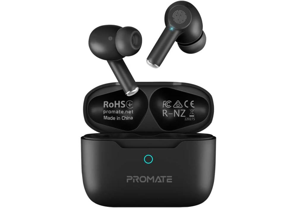 Promate True Wireless Earbuds, In-Ear Active Noise Cancelling Bluetooth v5.3 Earphones with Mic, 25H Playback Time, Intelligent Touch Controls and Charging Case for iPhone 17, S25, ProPods Black