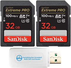 SanDisk 32GB SD Extreme Pro Memory Card (Two Pack) Works with Nikon D3500, D7500, D5600 Digital DSLR Camera (SDSDXXO-032G-GN4IN) Bundle with (1) Everything But Stromboli MicroSDXC & SD Card Reader