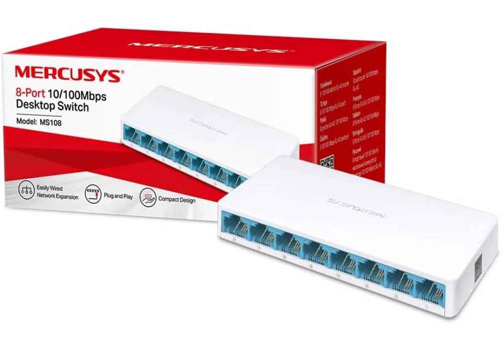 MERCUSYS 8-Port 10/100Mbps Desktop Ethernet Switch/Hub, Ultra-Compact Design, Plug & Play, no configuration required (MS108)