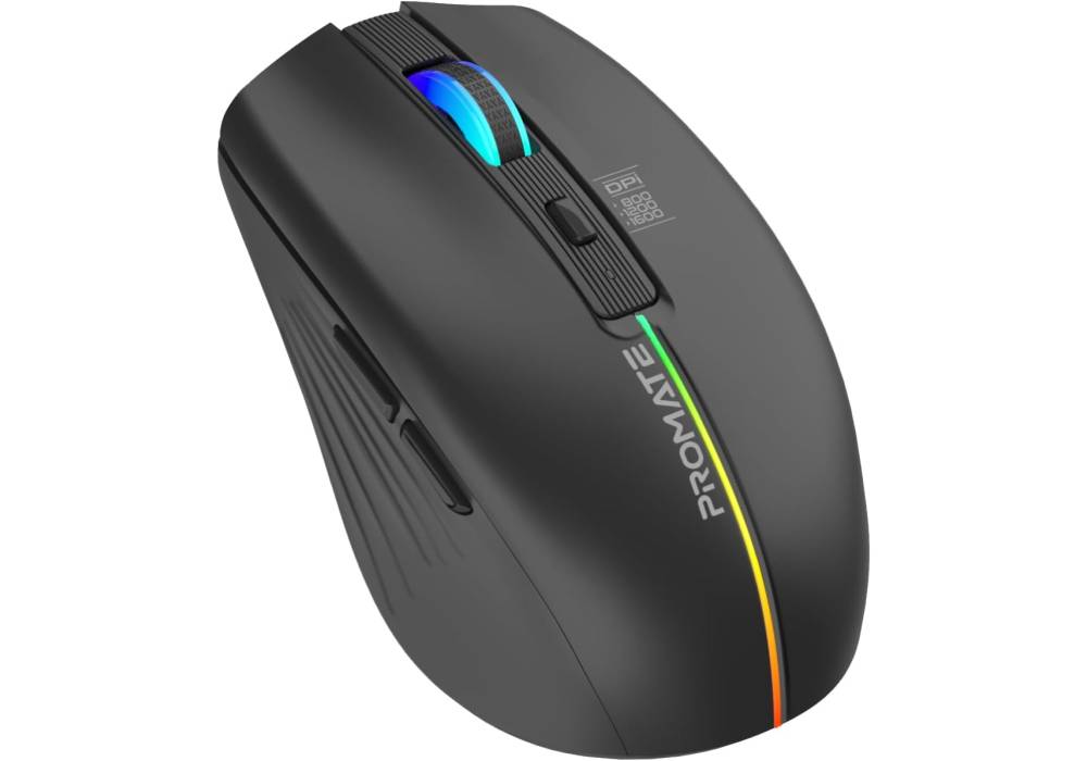 Promate Kitt Wireless Mouse, Ergonomic 500mAh Rechargeable LED Backlit Mice 2.4GHz Wireless Ergonomic Optical Mouse with LED Rainbow Lights , 800/1200/1600Dpi, Rechargeable battery, Rainbow Lights,Plug & play Support