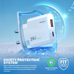 Fantech PowerPLUS PPS251 25W GaN Fast Charger – Dual-Port USB-C & USB-A PD + QC Wall Charger, Ultra-Slim Compact Design with Smart Charging & Safety Protection