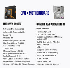 AMD Ryzen 9 9900X CPU Processor with GIGABYTE X870 AORUS Elite WIFI7 ICE Motherboard (ATX, DDR5, PCIe 5.0, USB4, WIFI7)