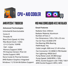 CPU AIO Combo - AMD Ryzen 7 7800X3D Desktop Processor with MSI MAG Coreliquid A13 240 AIO ARGB CPU Liquid Cooler 240mm Radiator LGA 1700/1851 / AM5/AM4 Compatible Black