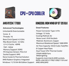 CPU Air Coolor Combo - AMD Ryzen 7 7700X CPU Processor with KINGCOOL Iron Wind 120mm ARGB CPU Air Cooler