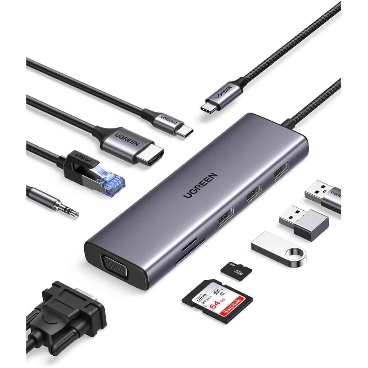 UGREEN USB-C Hub, 10-in-1, Input (1*USB-C),Output(1*HDMI,1*VGA,3*USB-A,1*RJ45.1*SD Card Slot ,1*TF Card Slot,1* 3.5mm Audio),Video(HDMI,VGA),USB(USB-A),PS(USB-B),Ethernet (RJ45),Card Reader (SD/TF Card Slot),100W Power,CM498/15601 | CM498/15601 | OS | Jor