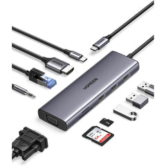 UGREEN USB-C Hub, 10-in-1, Input (1*USB-C),Output(1*HDMI,1*VGA,3*USB-A,1*RJ45.1*SD Card Slot ,1*TF Card Slot,1* 3.5mm Audio),Video(HDMI,VGA),USB(USB-A),PS(USB-B),Ethernet (RJ45),Card Reader (SD/TF Card Slot),100W Power,CM498/15601 | CM498/15601 | OS | Jor