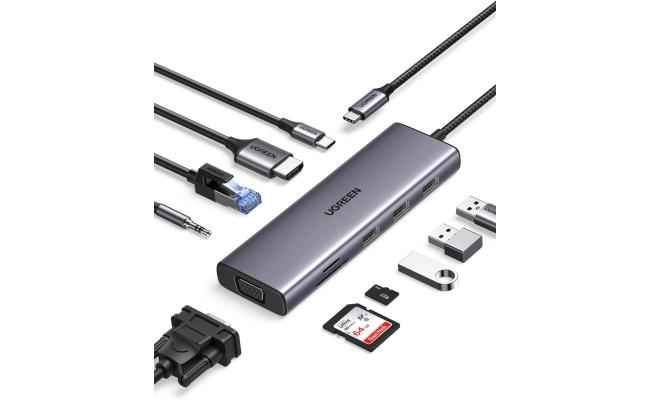UGREEN USB-C Hub, 10-in-1, Input (1*USB-C),Output(1*HDMI,1*VGA,3*USB-A,1*RJ45.1*SD Card Slot ,1*TF Card Slot,1* 3.5mm Audio),Video(HDMI,VGA),USB(USB-A),PS(USB-B),Ethernet (RJ45),Card Reader (SD/TF Card Slot),100W Power,CM498/15601