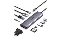 UGREEN USB-C Hub, 10-in-1, Input (1*USB-C),Output(1*HDMI,1*VGA,3*USB-A,1*RJ45.1*SD Card Slot ,1*TF Card Slot,1* 3.5mm Audio),Video(HDMI,VGA),USB(USB-A),PS(USB-B),Ethernet (RJ45),Card Reader (SD/TF Card Slot),100W Power,CM498/15601