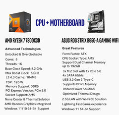 CPU Motherboard Kit AMD Ryzen 7 7800X3D Unlocked Desktop Processor with ASUS ROG Strix B650-A Gaming WiFi 6E AM5 Gaming Motherboard