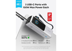 Anker Laptop Power Bank, 25000mAh Portable Charger with Triple 165W USB-C Ports for Multi-Device Charging, Built-in and Retractable Cables (Silver) - 18 Month Warranty