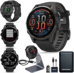 Garmin Fenix 8 Premium Multisport GPS Running Smartwatch, 43 mm | AMOLED, Dive-Rated, Built-in Flashlight | Carbon Gray DLC Titanium with Pebble Gray Band with Signature Series Charging Stand