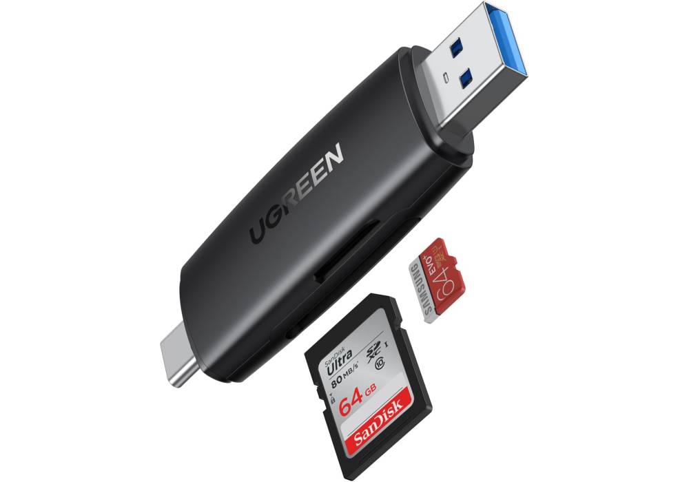 UGREEN SD Card Reader, USB 3.0 & USB C External Memory Card Adapter for SD/Micro SD/TF/SDHC/SDXC/MMC/UHS-I, Compatible with iPhone 15 Pro Max, MacBook, iPad, Galaxy S22, Pixel 6
