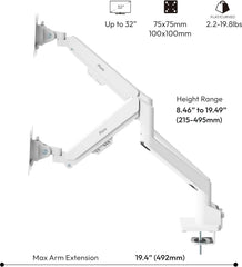 PS1D Wave White Dual Monitor Arm Stand Desk Mount - Fits up to 32 inches Monitors and up to 19.8lbs. VESA Compatibility and Integrated Cable Management