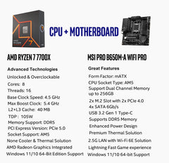 AMD Ryzen 7 7700X CPU Processor with MSI PRO B650M-A WiFi ProSeries Motherboard (AM5, mATX, DDR5, M.2, USB 3.2 Gen 2, Wi-Fi 6E), Sold by Micro Center