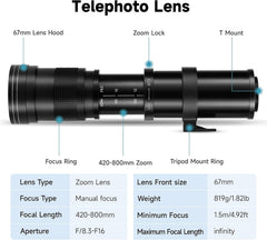 Telephoto Lens for Nikon F Mount 420-800mm f8.3 Manual Focus Zoom Lens for Nikon D5600 D3500 D7500 D90 D5500 D3400 D80 D500 D7200 D5500 D750 D850 D3300 D5300 D610 D7100 D5200