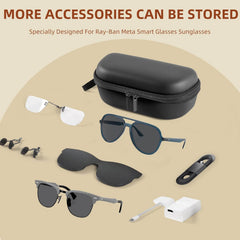 Hard Case for Ray-Ban Meta Charging Case & Accessories Kit - Anti-Slip Nose Pads, Ear Grips & Strap - Protective Travel Carrier for Wayfarer Smart Glasses Men Women Biking & Sports-Black