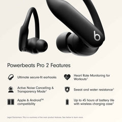 Powerbeats Pro 2 - Wireless Noise Cancelling Workout Earbuds with Secure- Fit Earhooks, Up to 45-Hour Battery with Charging Case, Sweat & Water Resistant, Heart Rate Monitoring - Jet Black