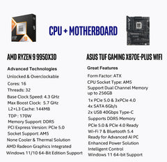 AMD Ryzen 9 9950X3D CPU Processor with ASUS TUF Gaming X870E-PLUS WIFI7 ATX Motherboard (DDR5, PCIe 5.0 x16, 4X M.2 Slots, WiFi 7, 2 x Type-C USB4)