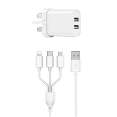 WIWU ELECTROPRIME compatible for WIWU Wi - U003 Quick Series Dual USB Charger with 3 in 1 USB Charging Data Cable Set, UK Plug(White)