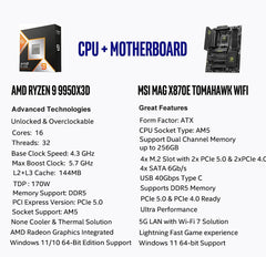 AMD Ryzen 9 9950X3D CPU Processor with MSI MAG X870E Tomahawk WiFi ATX Motherboard (DDR5, PCIe 5.0, M.2 Gen5, Wi-Fi 7, 5G LAN)