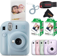 Instax Mini 12 Instant Camera Pastel Blue with Sandisk 32 GB USB Flash Drive + 40 Sheets Fujifilm Instax Mini Film and Sunshine Photo Microfiber Cleaning Cloth Bundle